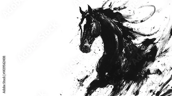 Obraz Black horse galloping in a dynamic pose. Traditional Chinese ink painting on white background. Year of the horse, symbol of the 2026 year.
