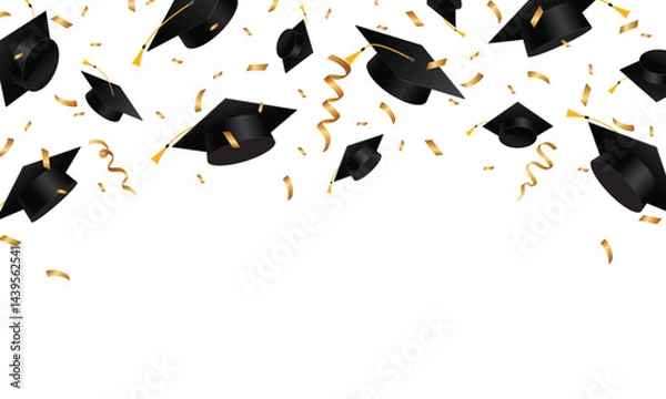 Fototapeta Graduation caps confetti. Flying graduation hats with gold ribbons on white background. School, college education background. Vector illustration