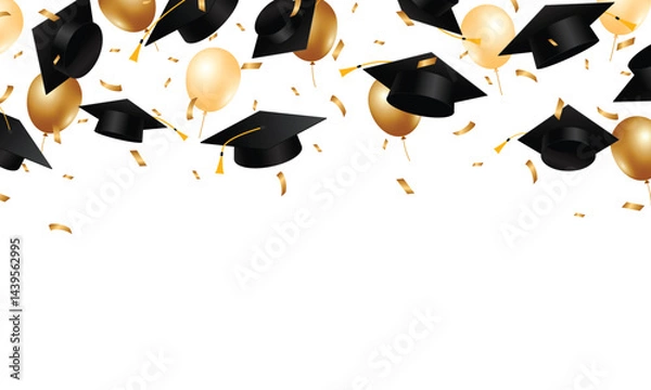 Fototapeta Graduation caps confetti. Flying graduation hats with gold ribbons on white background. School, college education background. Vector illustration