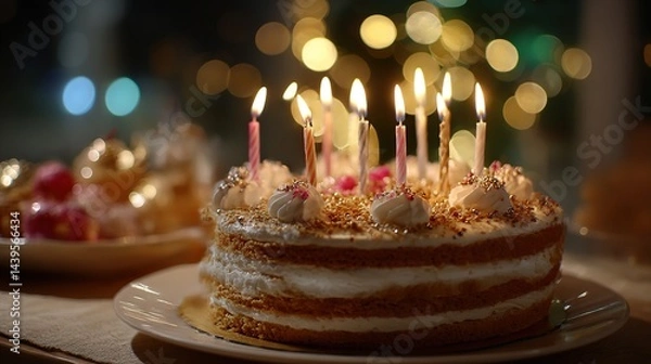 Fototapeta Layered celebration cake with glowing candles, warmth and joy in soft light
