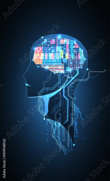 Fototapeta Abstract background on the theme of artificial intelligence. Brain shape with technological elements inside the contour.