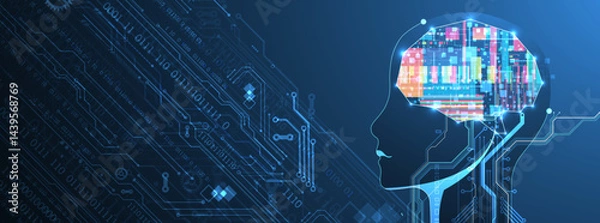 Fototapeta Abstract background on the theme of artificial intelligence. Brain shape with technological elements inside the contour.