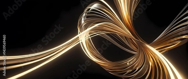 Fototapeta Abstract digital art featuring undulating metallic ribbons and glowing particle effects in motion. Extremely detailed high resolution illustration.