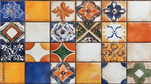 Fototapeta Colorful patterned tiles, mosaic design, wall or floor,  background with various flowers and patterns