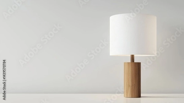 Fototapeta Modern minimalist table lamp with a cylindrical white shade and wooden base on white background.