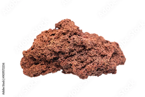 Fototapeta Oxidized red scoria (cinder) volcanic igneous rock on white background (selective focus), Earth’s mineral collection 