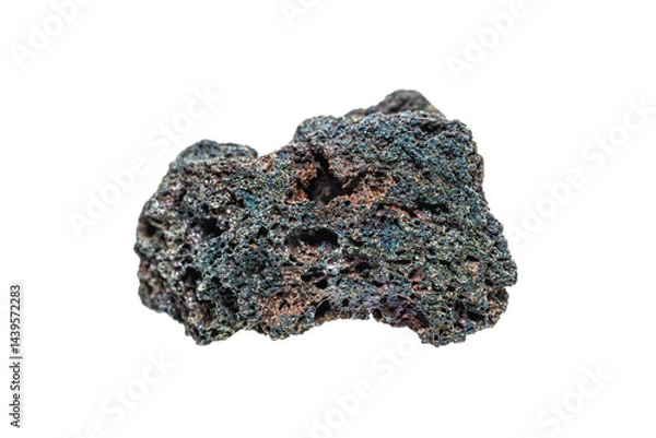 Fototapeta Beautiful iridescent scoria (cinder) volcanic igneous rock on white background (selective focus), Earth’s mineral collection 