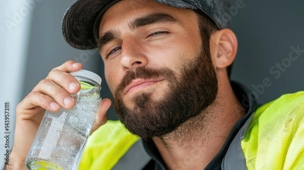 Obraz Construction worker taking a water break