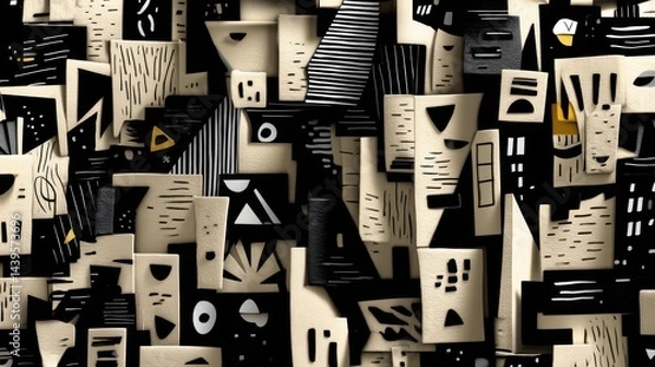 Fototapeta Artistic abstract wall decoration with black, white, and beige geometric shapes and patterns