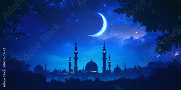 Fototapeta Islamic festival of sacrifice background featuring a silhouette and a mosque illuminated by crescent moonlight