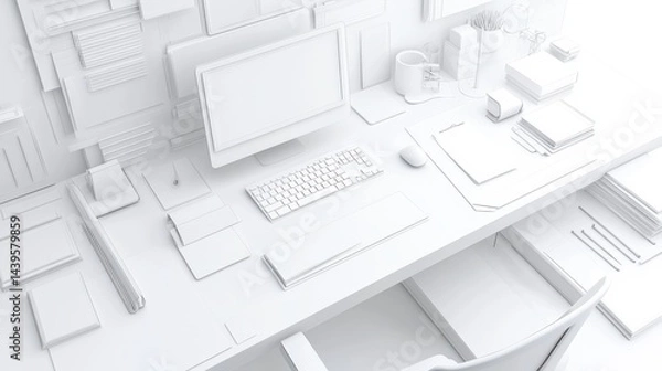Fototapeta Minimalistic White Workspace with Computer and Organizers in Clean Modern Office Setting