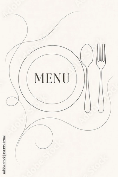 Fototapeta A minimalist, elegant restaurant menu design featuring a close-up shot of a plate, spoon, and fork arranged in a sophisticated manner, with flowing lines surrounding them.