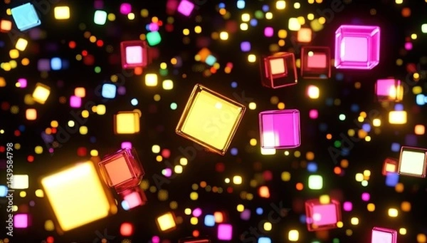 Fototapeta Vibrant glowing cubes and sparkles float in dark space