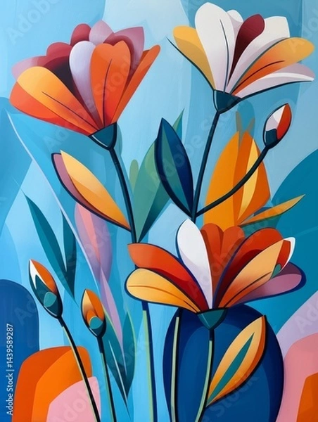 Obraz The image consists of three colorful panels filled with abstract, stylized floral designs in a playful, retro aesthetic