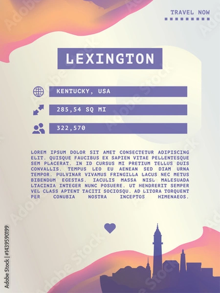 Fototapeta Lexington, Kentucky vector infographics, brochure layout. Guide, leaflet, flyer, advertising graphic template with text, information, USA city skyline shape. Page, festival, cover mock up image