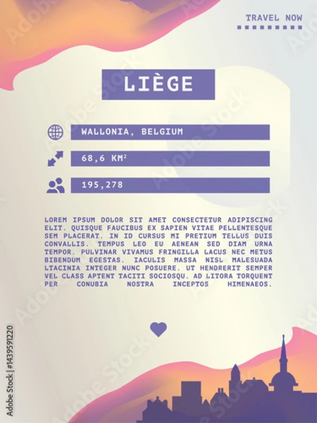 Fototapeta Liege, Belgium vector infographics, brochure layout. Guide, leaflet, flyer, advertising graphic template with text, information, city skyline shape. Page, festival, cover mock up image