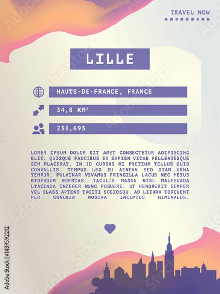 Fototapeta Lille, France vector infographics, brochure layout. Guide, leaflet, flyer, advertising graphic template with text, information, city skyline shape. Page, festival, cover mock up image