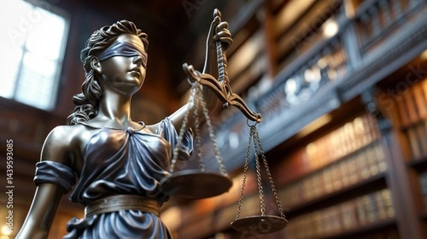 Fototapeta Justice statue with scales in a library