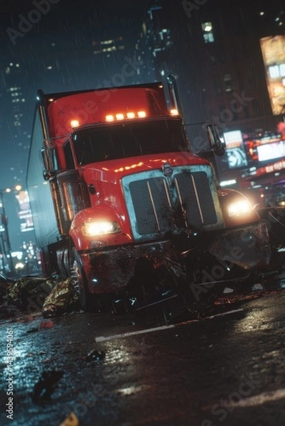 Obraz Nightfall Cityscape: Red Truck in the Rain