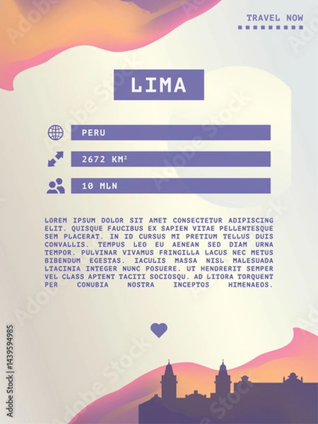 Fototapeta Lima, Peru vector infographics, brochure layout. Guide, leaflet, flyer, advertising graphic template with text, information, city skyline shape. Page, festival, cover mock up image
