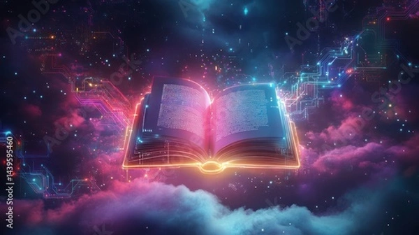 Fototapeta Digital book floating in nebula background