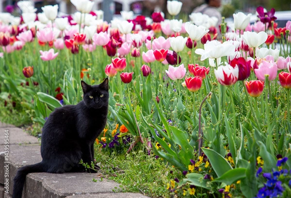 Obraz Chat et champ de tulipes