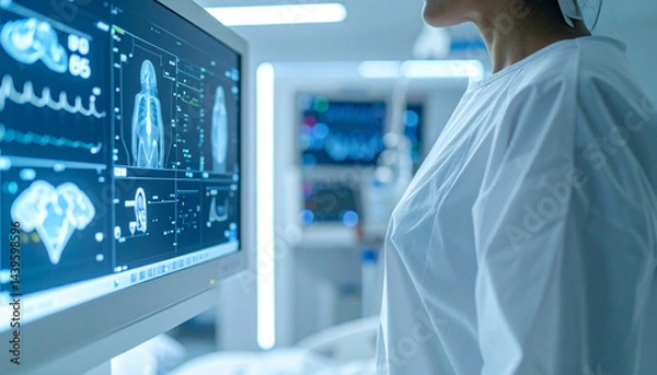 Fototapeta A woman in a hospital ready to do a scan or mammography test in a sterile environment
