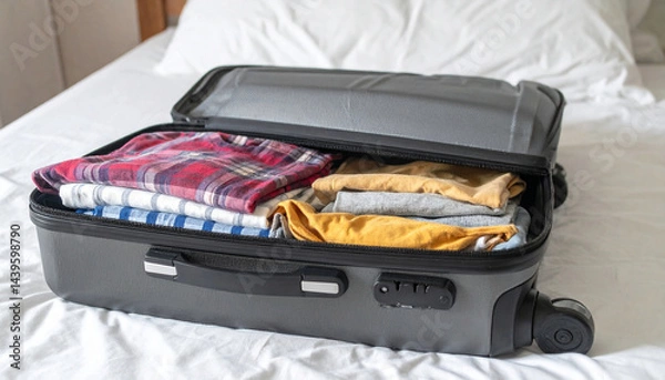 Fototapeta A suitcase with folded clothes lying on a bed in a hotelroom