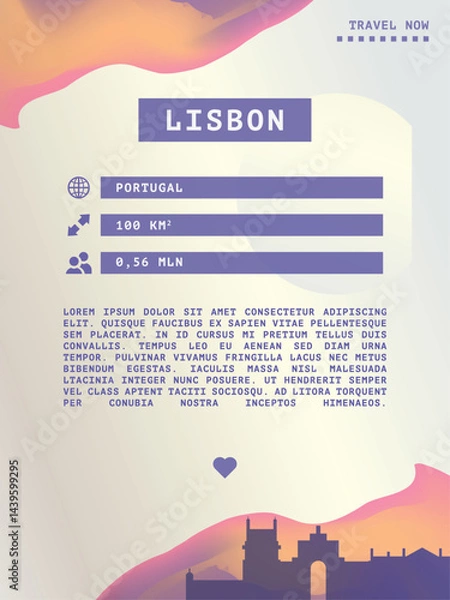 Fototapeta Lisbon, Portugal vector infographics, brochure layout. Guide, leaflet, flyer, advertising graphic template with text, information, city skyline shape. Page, festival, cover mock up image