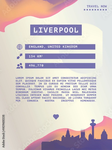 Fototapeta Liverpool, England vector infographics, brochure layout. Guide, leaflet, flyer, advertising graphic template with text, information, UK city skyline shape. Page, festival, cover mock up image