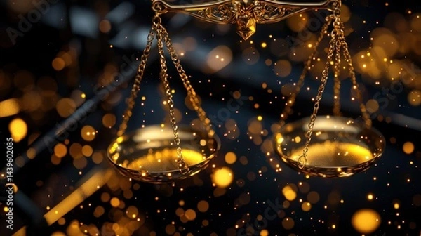 Fototapeta Ornate golden scales of justice in dark room with sparkling bokeh