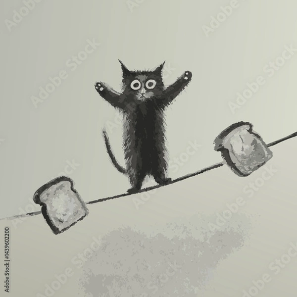 Fototapeta Black cat balancing with bread on a tightrope  