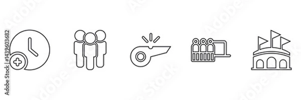 Obraz Minimalist Football Icons Set: Extra Time, Team, Whistle, Bench, Stadium | Sports Vector Design