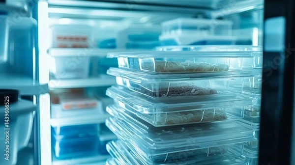 Fototapeta Stacked acrylic trays of skin samples in lab fridge .