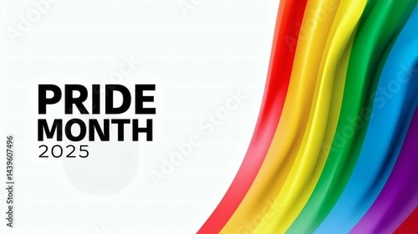 Fototapeta Curved Rainbow Flag on White Background, Pride Month 2025 Text