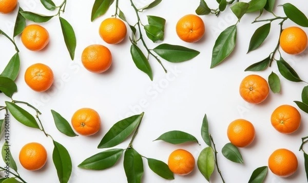 Obraz Fresh Oranges with Green Leaves Arranged on a Light Background