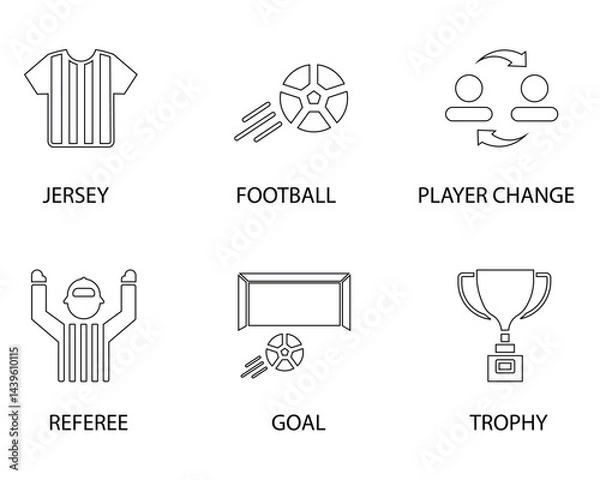 Obraz Football Icons Collection - Jersey, Ball, Player Change, Referee, Goal, Trophy Line Art Set | Minimalist Soccer Vector Illustrations