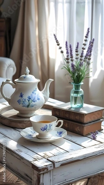 Obraz A whitewashed wooden table decorated for spring featuring a distressed wooden tray, a vintage porcelain teapot and a small glass vase filled with lavender sprigs.