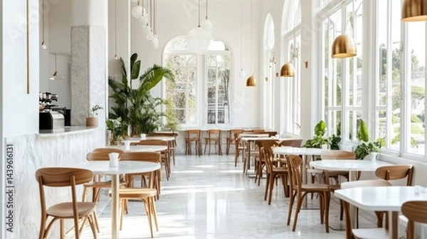 Fototapeta Modern cafe interior with large windows
