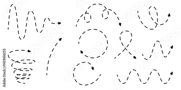 Fototapeta Set of zig zag, circle turn and spiral dash arrows. Vector manga wavy lines with pointer. Isolated vector signs.