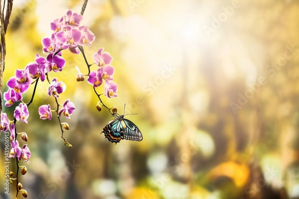 Obraz Vibrant tropical butterfly resting on a flower orchid in a tropical forest. Harmony of wild nature, tranquil atmosphere, blurred background of foliage and exotic plants in morning sun light.