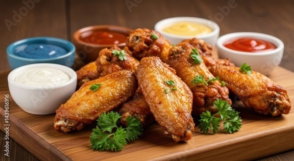 Obraz Crispy Chicken Wings Plated with Assorted Dipping Sauces Garnished with Fresh Herbs on a Wooden Serving Board for Party or Restaurant Setting