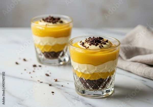 Obraz Delicious layered dessert in glass cups featuring creamy yogurt, mango puree, and chocolate shavings on a marble countertop with a soft fabric backdrop