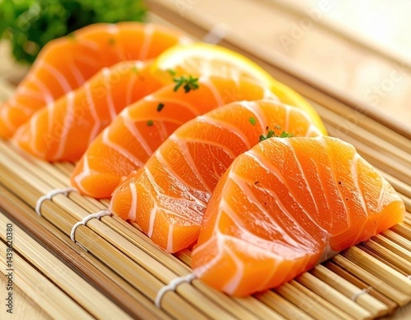 Obraz Freshly Sliced Salmon Sashimi on Bamboo Mat with Lemon Garnish and Green Herb Accent for Culinary Inspiration and Food Presentation Photography