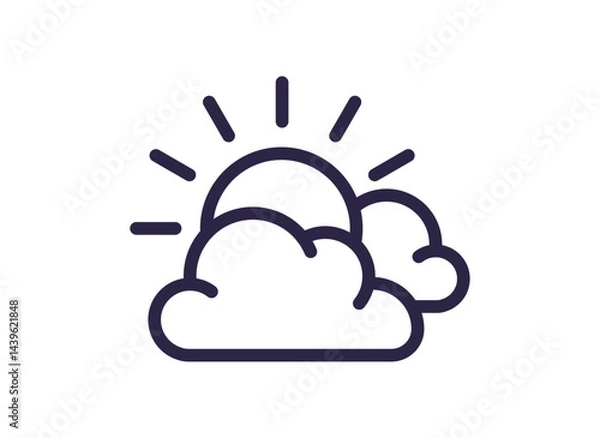 Obraz Minimal line art icon of sun and clouds. Clear sky with partly cloudy weather forecast on white background simple linear flat vector illustration.