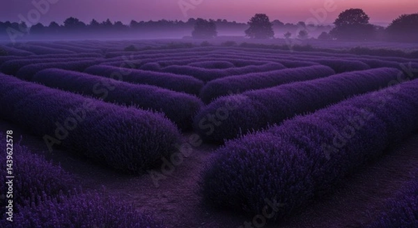 Obraz Serene Lavender Fields at Dawn with Soft Purple Hues and Misty Atmosphere Creating a Calm and Tranquil Landscape in Nature
