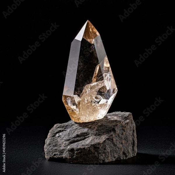 Obraz A meticulously crafted smoky quartz crystal point stands elegantly on a dark grey slate base against a pure black background showcasing its translucent amber hues and intricate