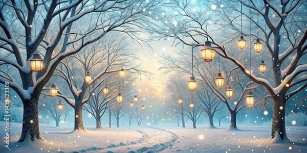 Fototapeta Enchanted Winter Pathway Snow-covered trees adorned with glowing lanterns illuminate a tranquil snowy path at dusk, creating a magical winter wonderland scene.