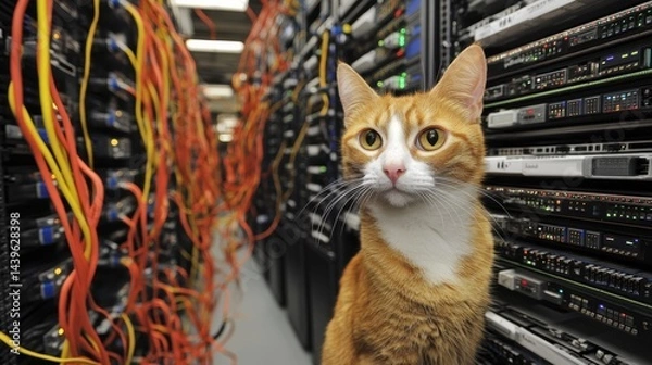 Fototapeta Charming Orange Cat in High-Tech Server Room with Colorful Cables and Technology Surroundings