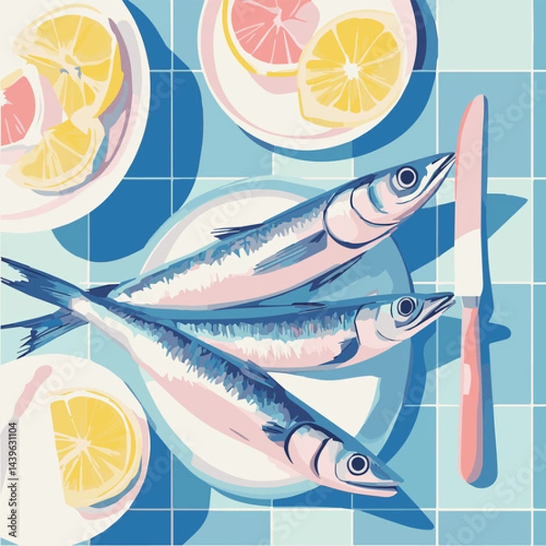 Obraz Vector illustration of sardine fish on table Mediterranean Italian style